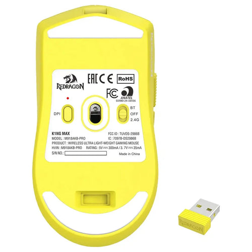 Redragon M918 King Max Wireless Gaming Mouse, 3 Modes, 26,000 DPI, 1K Hz, Pixart 3395 Sensor, Yellow